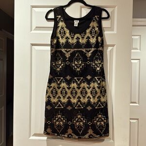 CACHE Sequins Gold & Black Cocktail Dress size M lining stretchy 35” long.